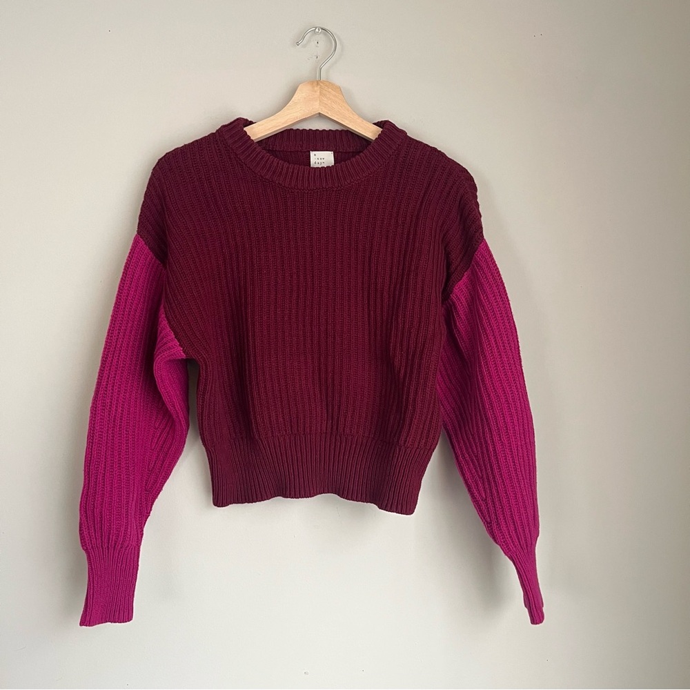 A New Day Colorblock Burgundy and Pink Knit Sweater Size XS Cotton blend